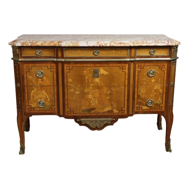 Transitional Marquetry Chest of Drawers, 1970s For Sale