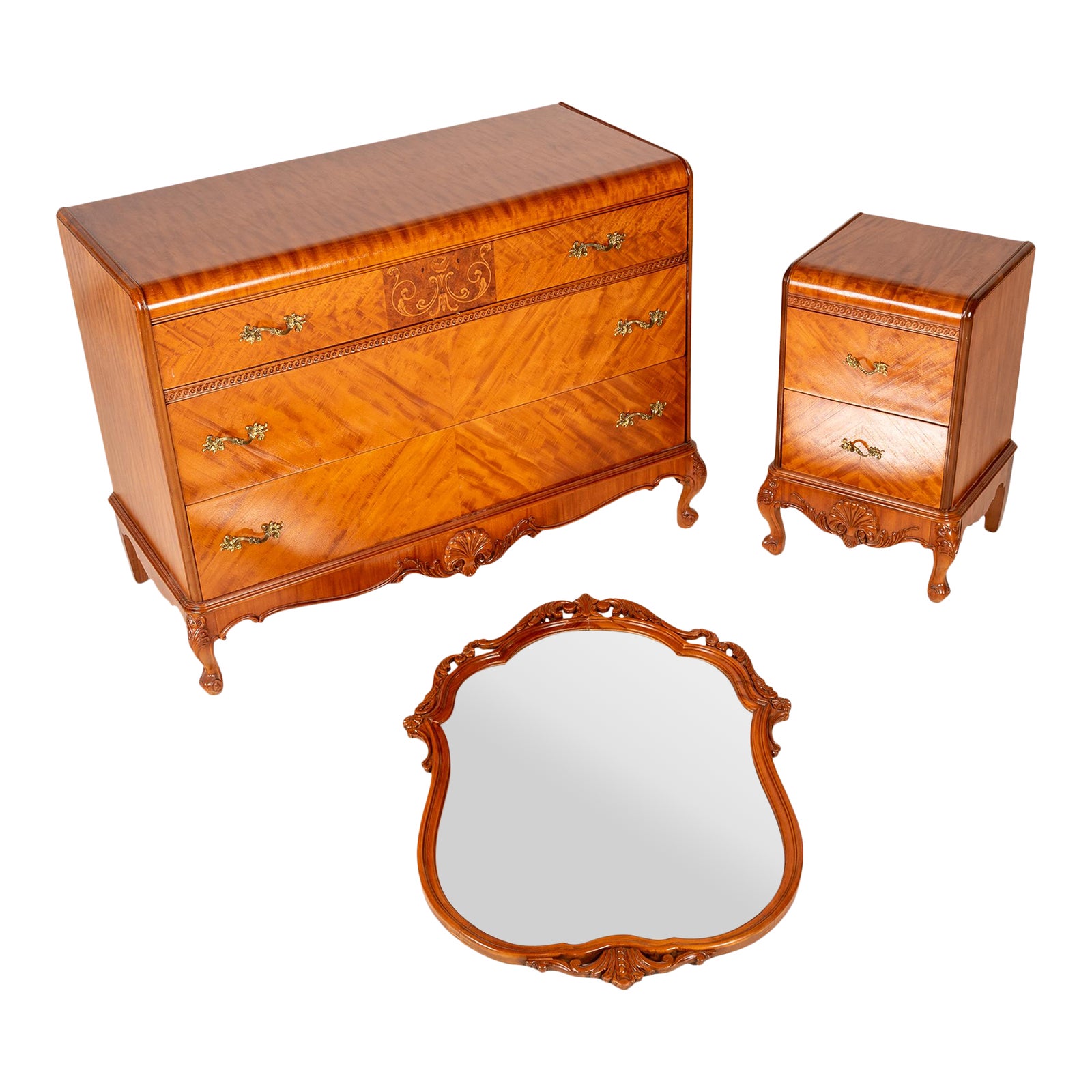 Original 1940s Art Deco Waterfall Dresser Set Dresser, Mirror and