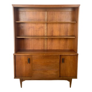 Vintage Mid-Century Modern Walnut Hutch Cabinet With Open Display Shelving For Sale