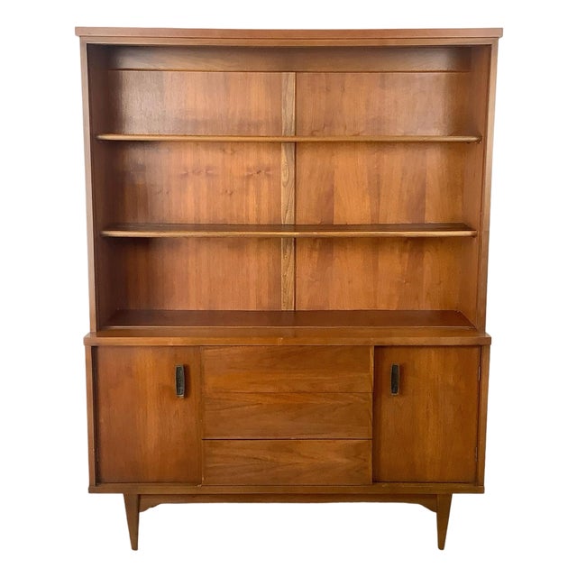 Vintage Mid-Century Modern Walnut Hutch Cabinet With Open Display Shelving For Sale
