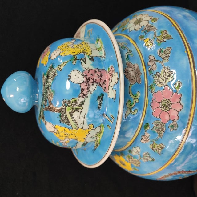 Chinese Ceramic Pot,Kangxi Marked Blue Ground FamilleVerte Porcelain Ginger Jar Hand Painted Playing Children Pattern For Sale In Seattle - Image 6 of 12
