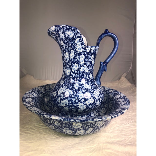 Pretty Victorian Blue and White Flower Wash Basin and Pitcher Ironstone. Complete your room with this feminine touch....