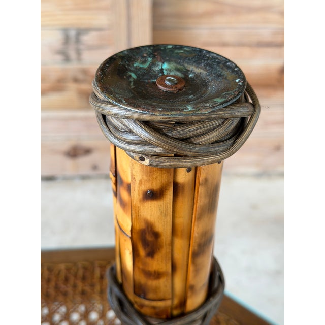 Yellow Set of Three Vintage Scorched Bamboo and Rattan Wrapped Candlesticks For Sale - Image 8 of 12