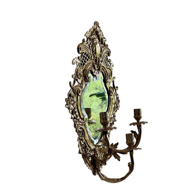 Vintage Gilded Brass Wall Sconces W/ Beveled Mirrors For Sale - Image 4 of 14