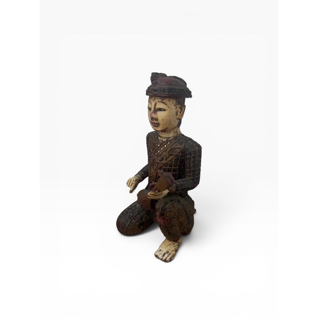 Hand-Carved Chinese Wooden Figural Sculpture of Seated Musician With String Instrument For Sale - Image 4 of 12