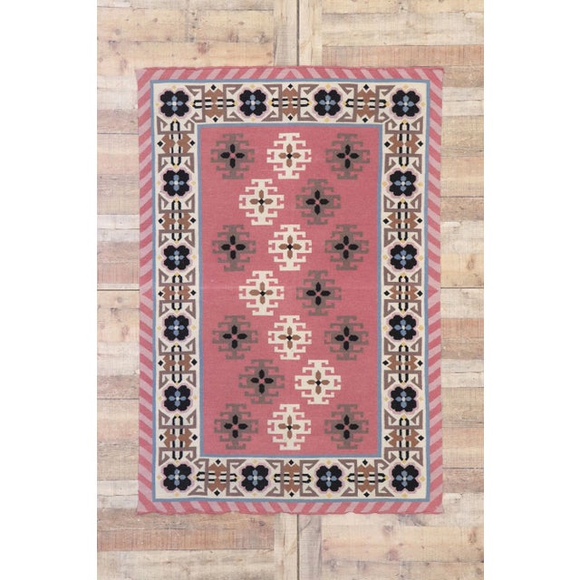 Dark Pink Vintage Romanian Geometric Kilim Rug - 04'00 X 05'11 For Sale - Image 8 of 9