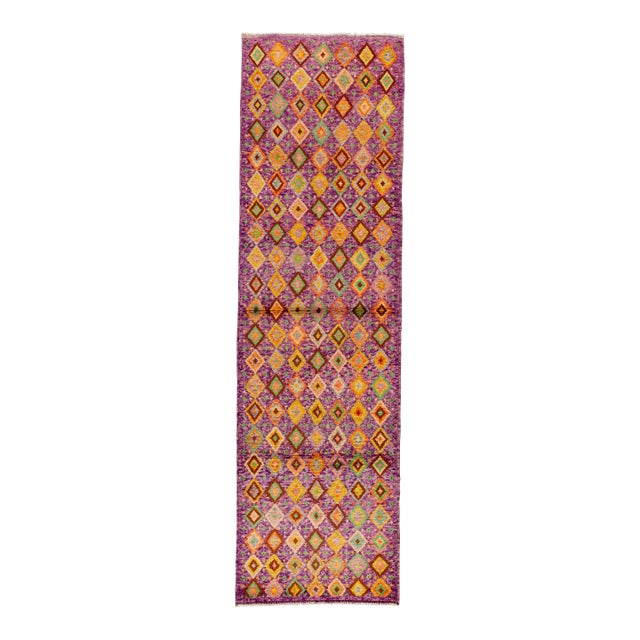 Modern Gabbeh Handmade Purple Geometric Wool Runner For Sale