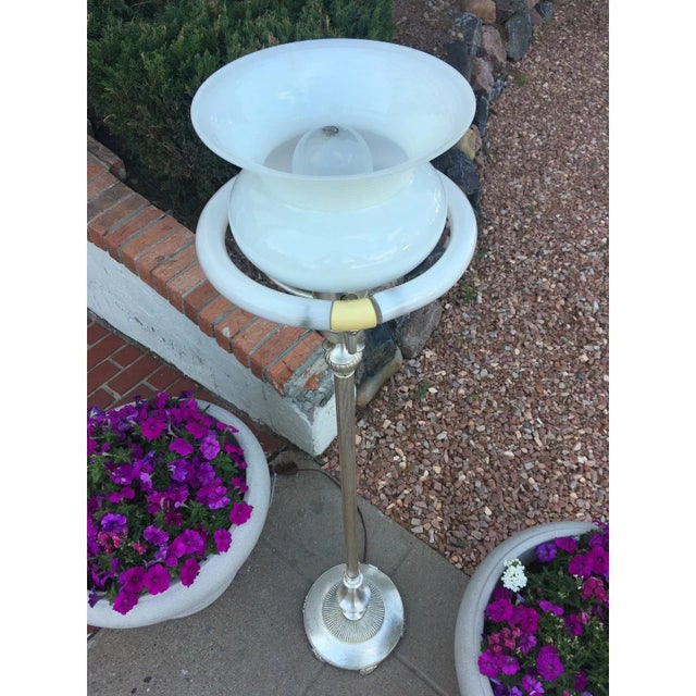 1930s Art Deco Slivered Metal Torchiere & Milk Glass Diffuser For Sale - Image 9 of 13