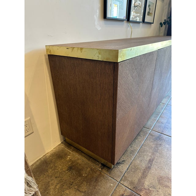Mid-Century Modern Custom Oak Inlay Sideboard With Brass Detail For Sale - Image 3 of 9