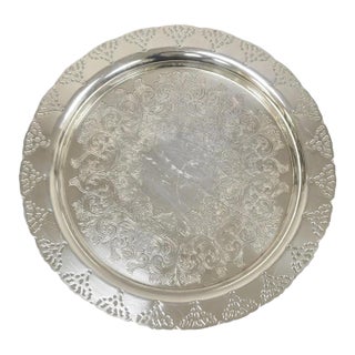 Vintage Home Decorators Inc Silver Plated Pierced Gallery Round Serving Tray For Sale