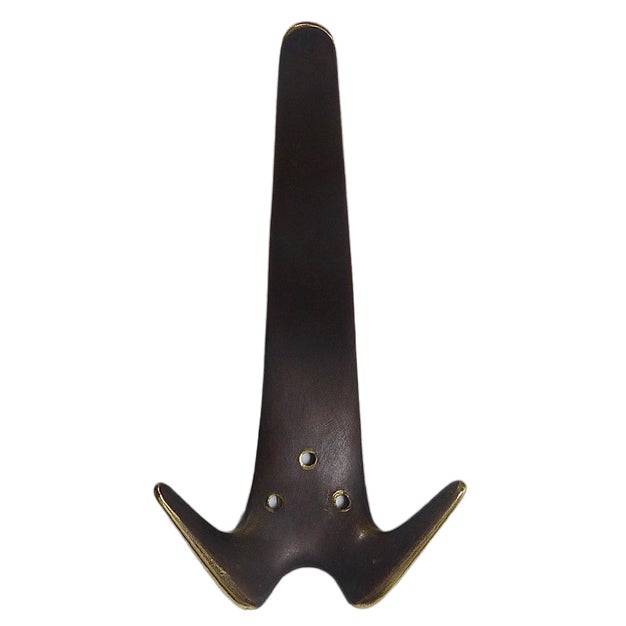 Large Brass Double Wall Coat Hook attributed to Carl Auböck, Austria, 1950s For Sale