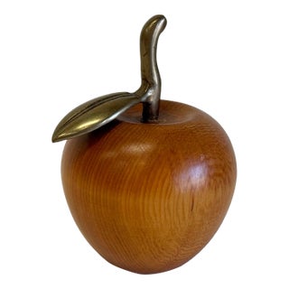 Vintage Carved Wood Apple With Brass Stem For Sale