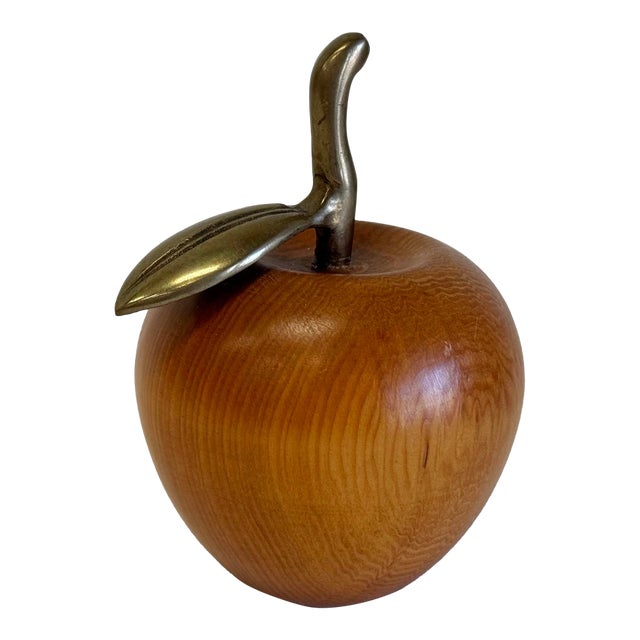 Vintage Carved Wood Apple With Brass Stem For Sale