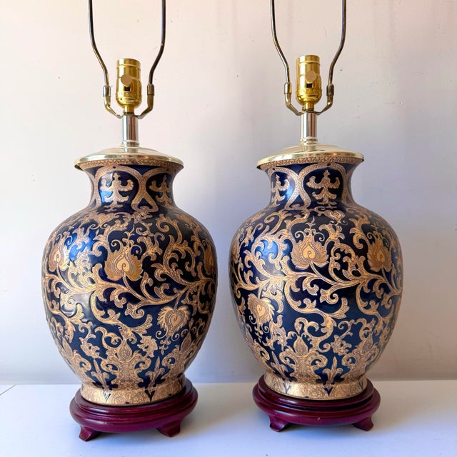 Traditional Cobalt Gold Filigree Porcelain Table Lamps For Sale - Image 3 of 7