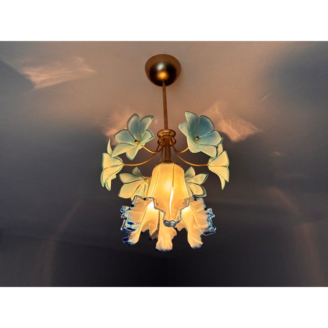 Vintage Custom Hand-Painted Italian Murano Style Light Blue Floral Pendant - Restored For Sale - Image 4 of 17