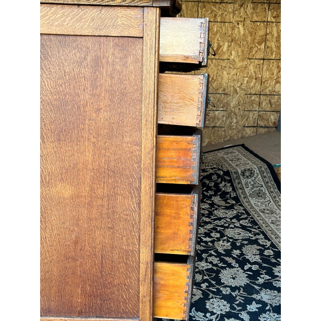Brass Antique Quarter-Sawn Oak Serpentine Dresser With Original Oval Swing Mirror, C. 1900–1915 For Sale - Image 8 of 17