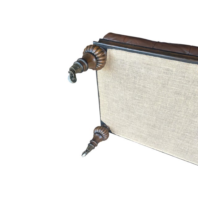 Vintage Tufted Brown Leather Ottoman Bench With Nailhead Trim & Carved Wood Legs on Casters For Sale - Image 9 of 15