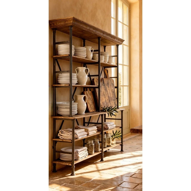Large Industrial Iron & Solid Wood Étagère Bookcase – 92" Tall Restoration Style Library Shelving For Sale In Dallas - Image 6 of 8