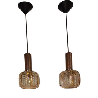 Vintage Ceiling Lamps with Tinted Relief Glass Shades on Oak Mounts, 1970s, Set of 2 For Sale