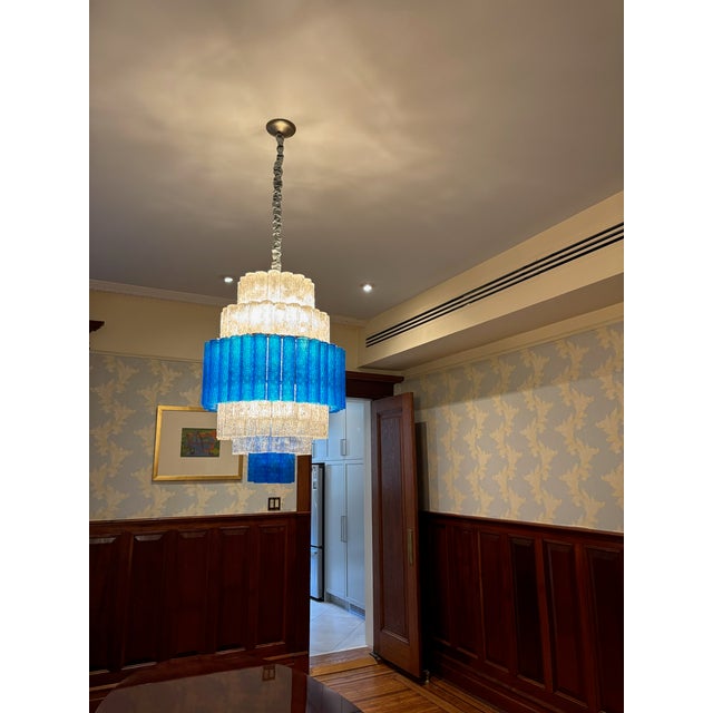 Striking mid-century Venetian glass chandelier crafted in richly saturated cobalt blue hand-blown glass, dating from the...