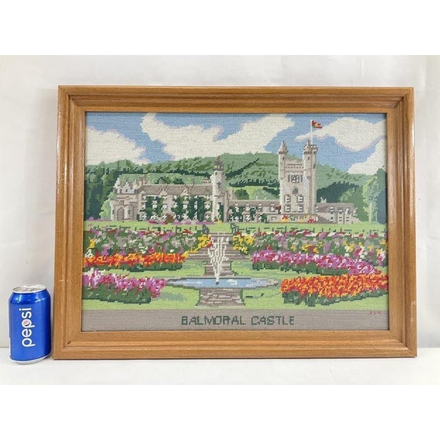 Wood Vintage Balmoral Castle Needlepoint Embroidery, Framed Scottish Landscape Art For Sale - Image 7 of 8