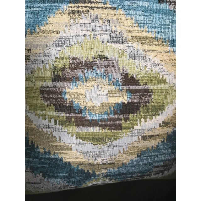 Beautiful velvet and woven fabric thick decorative pillow. - Multicolor woven upholstery fabric front, in hues of lime...