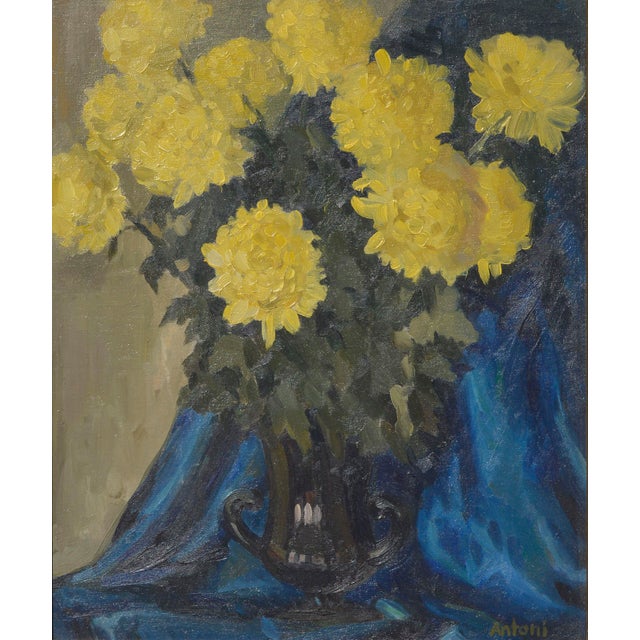 Yellow Mums With Blue Drape - Mid Century Floral Still Life by Antoni For Sale - Image 4 of 9