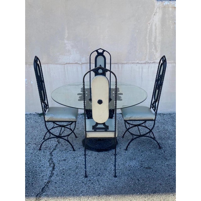 Vintage Hollywood Regency Curule Chair Wrought Iron Round Dining Set - 5 Pc Set. Set includes 4 curule base wrought iron...
