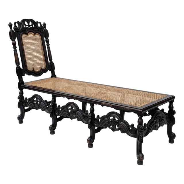 Late 19th-C. English Anglo-Indian Style Carved Oak & Cane Chaise For Sale