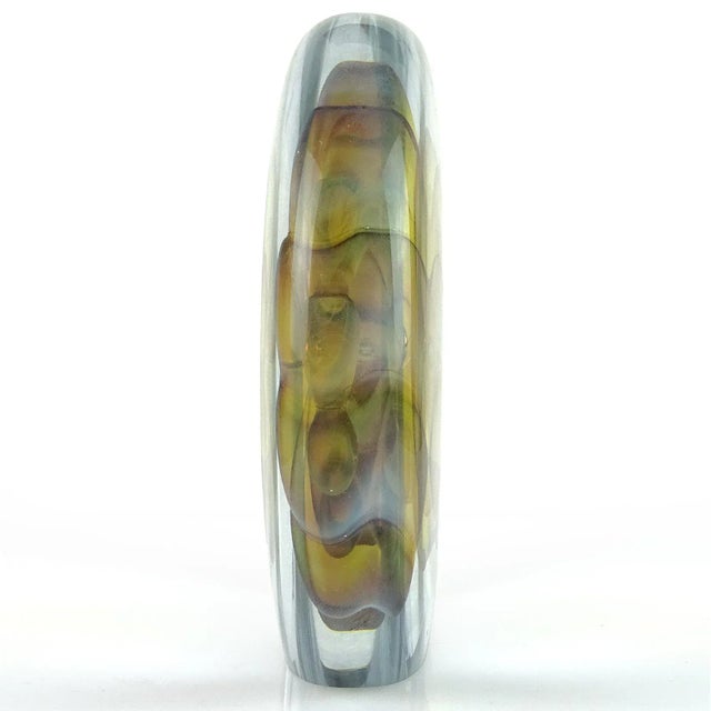 1980s Vintage Artist Signed Opalescent Golden Yellow Double Floral Design Studio Art Glass Paperweight For Sale - Image 5 of 7