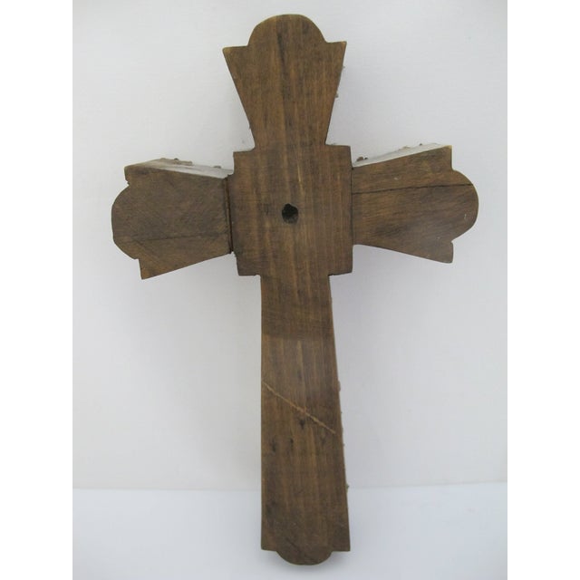 Gold Mexican Folk Art Milagros Wood Cross Nailed Metal Brass Charm Wall Hanging For Sale - Image 8 of 9