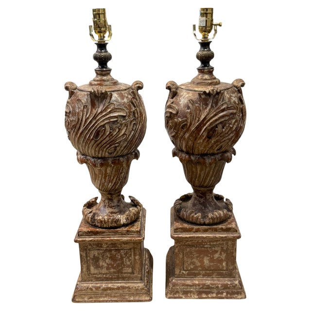 Brown Pair of Italian Baroque Style Carved & Polychromed Wood Urns, Now as Lamps For Sale - Image 8 of 18
