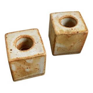 Pair of Michael Cohen Ceramic Candle Stick Holders Minimalist Design Artist Marked For Sale
