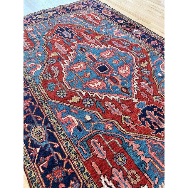 Persian Antique Persian Serapi Carpet Handmade Wool Oriental Rug, Red, Ivory, Light Blue For Sale - Image 3 of 12