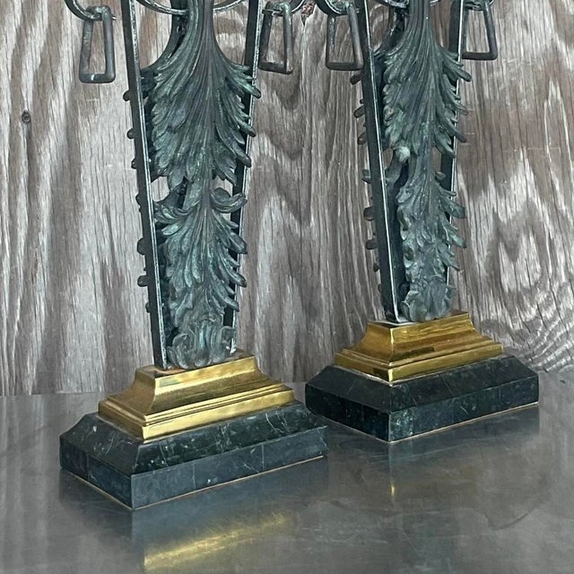 Metal Vintage Boho Maitland Smith Patinated Fleur De Lys Lamps - a Pair For Sale - Image 7 of 13