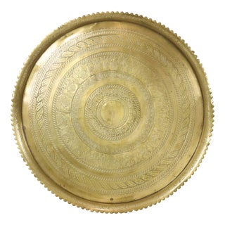 Large Oriental Brass Serving Tray with Floral and Geometric Pattern, 1920s For Sale