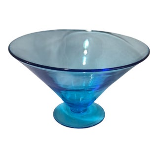 Vintage Mid-Century Modern Blue Glass Attributed Blenko Compote Pedestal Vase For Sale