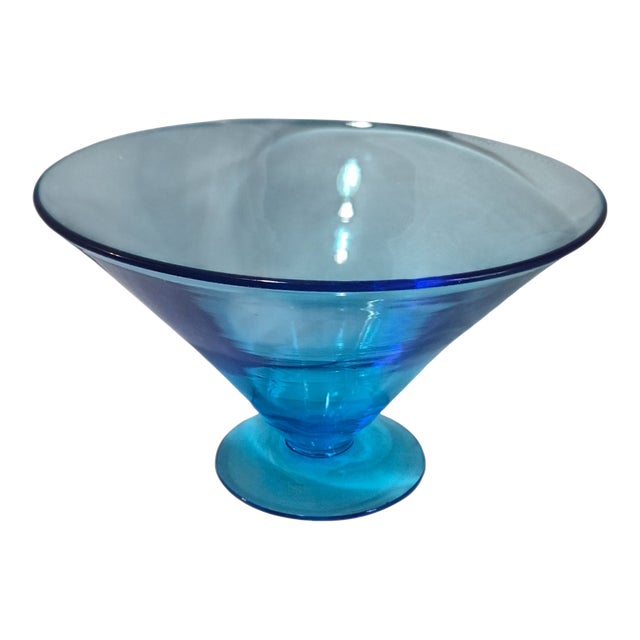 Vintage Mid-Century Modern Blue Glass Attributed Blenko Compote Pedestal Vase For Sale