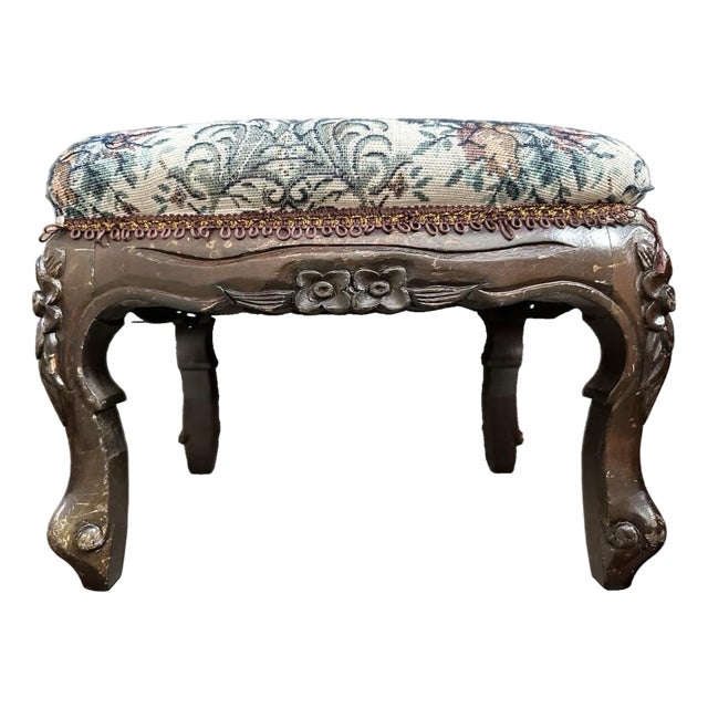 Vintage Early/Mid 20th Victorian Style Mahogany Wood and Upholstered Footstool For Sale