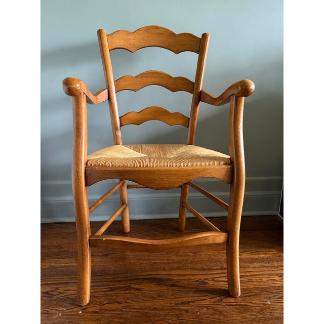 Rustic European 1990s Pair of Ladder Back Straw Seat Chairs For Sale - Image 3 of 11