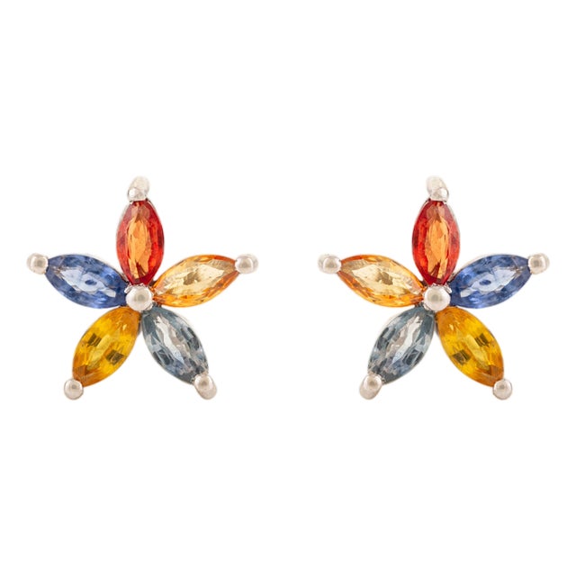 Modernist Silver Multi Sapphire Starburst Stud Earrings for Daughter- 2 Pieces For Sale