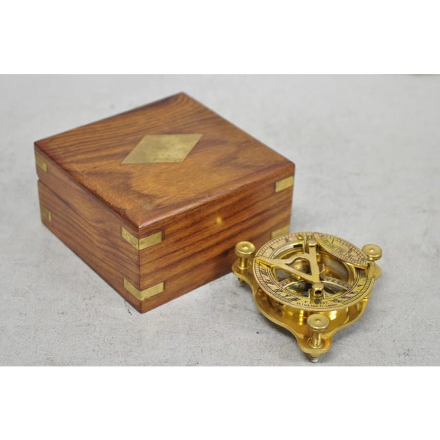 Vintage English Campaign Brass Round Sundial Compass With Small Rosewood Box For Sale - Image 18 of 18