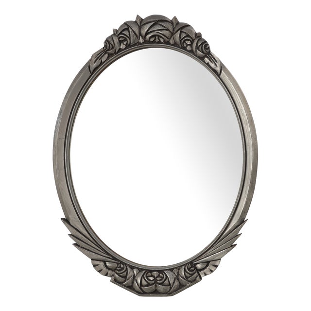 Art Deco French Oval Mirror with Carved Roses and Silver-Painted Frame, 1920s For Sale
