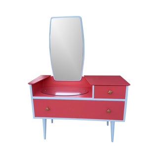 Vintage 1960s Danish Coral Vanity Desk & Mirror For Sale