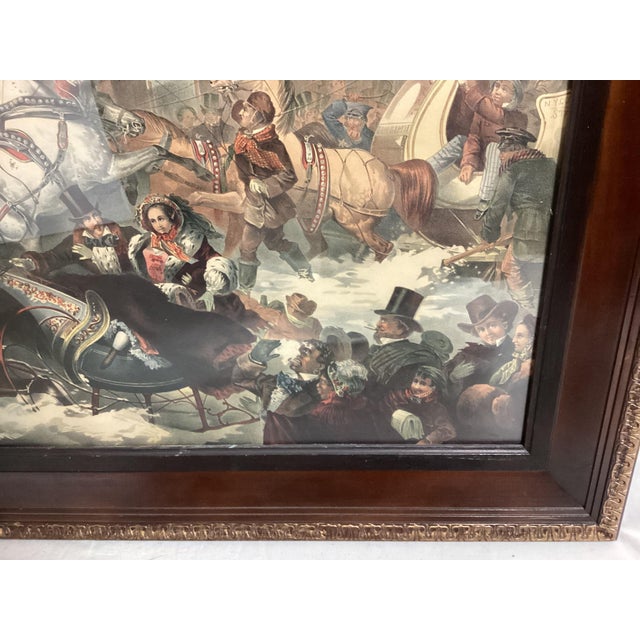 Victorian Antique Lithograph by Thomas Benecke, Sleighing in New York, 1855 Framed For Sale - Image 3 of 8