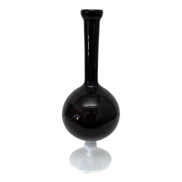 1960s Vintage Black / White Italian Cased Narrow Neck Vase Empoli Cased Glass For Sale
