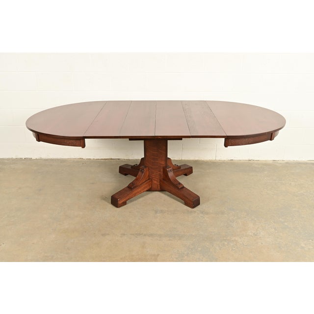 Stickley Brothers Antique Mission Oak Arts & Crafts Pedestal Extension Dining Table, Newly Refinished For Sale In South Bend - Image 6 of 15
