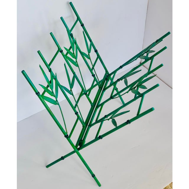 Vintage Palm Beach 1970’s Green Metal Chinoiserie Faux Bamboo Leaf Folding Magazine Rack For Sale - Image 11 of 11