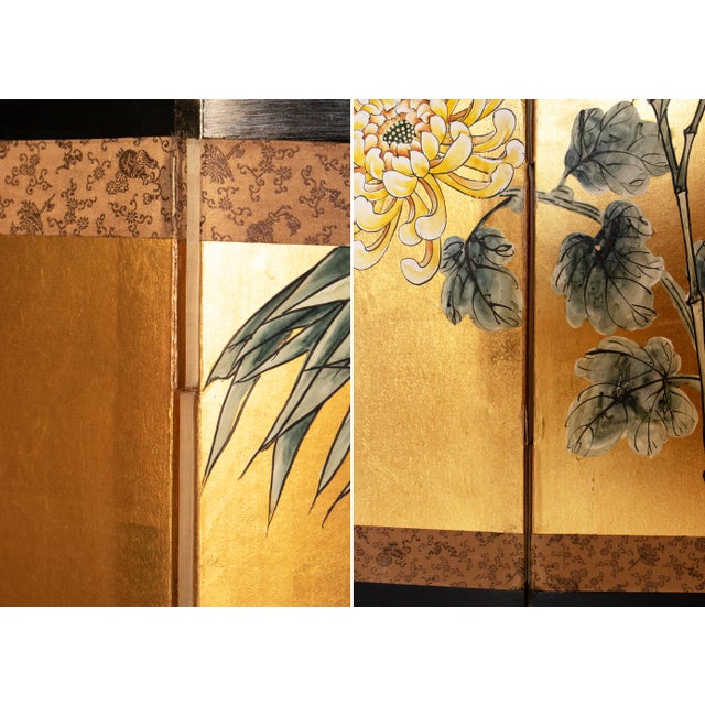 1970s "Chrysanthemums and Sparrows", Antique Style Chinoiserie Painted Screen For Sale - Image 15 of 18