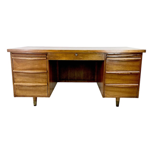 Mid-Century Modern Boho Chic Striped Cedar Top Executive Desk For Sale